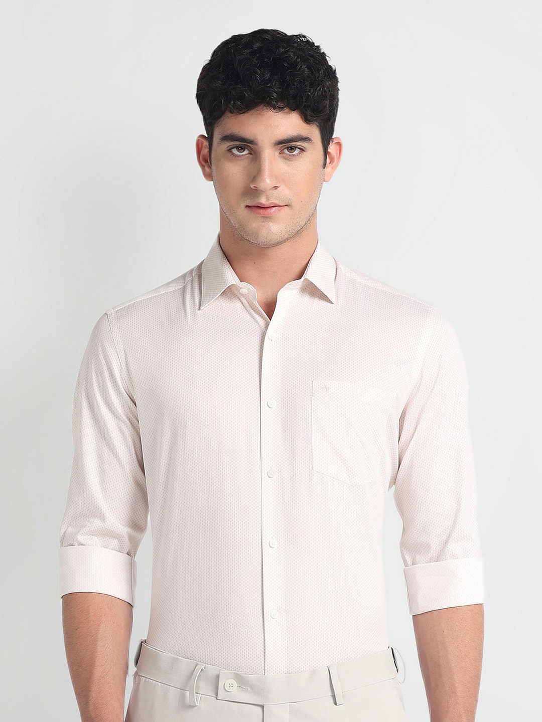 

Arrow Slim Fit Opaque Spread Collar Formal Shirt, Beige