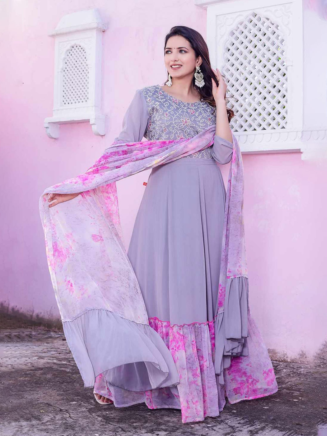 

Chandbaali Bell Sleeve Georgette Maxi Dress, Grey