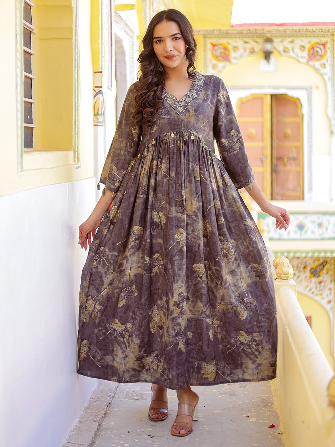 

Chandbaali Ethnic Motifs Print Maxi Dress, Grey