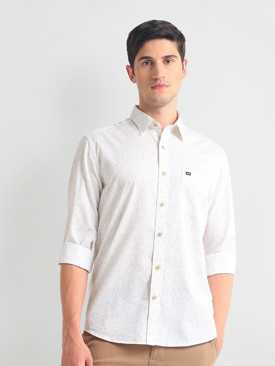 

Arrow Sport Slim Fit Opaque Printed Spread Collar Casual Shirt, Beige