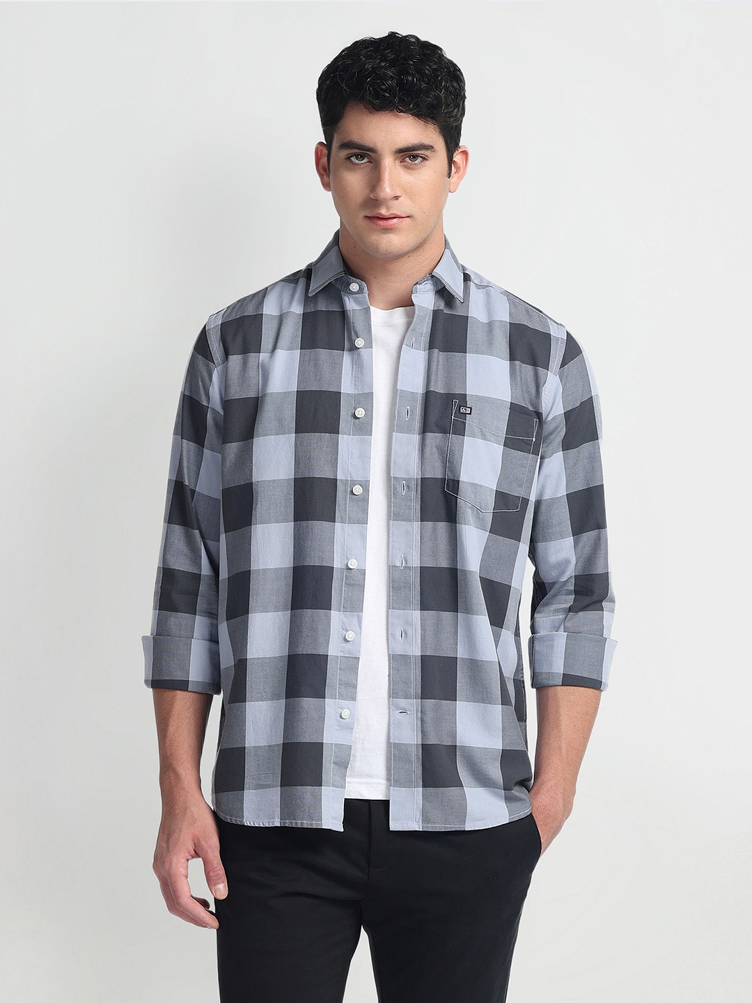 

Arrow Sport Men Slim Fit Gingham Checks Opaque Checked Casual Shirt, Grey