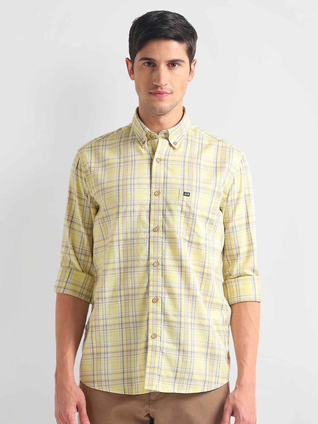 

Arrow Sport Men Slim Fit Tartan Checks Opaque Checked Casual Shirt, Yellow