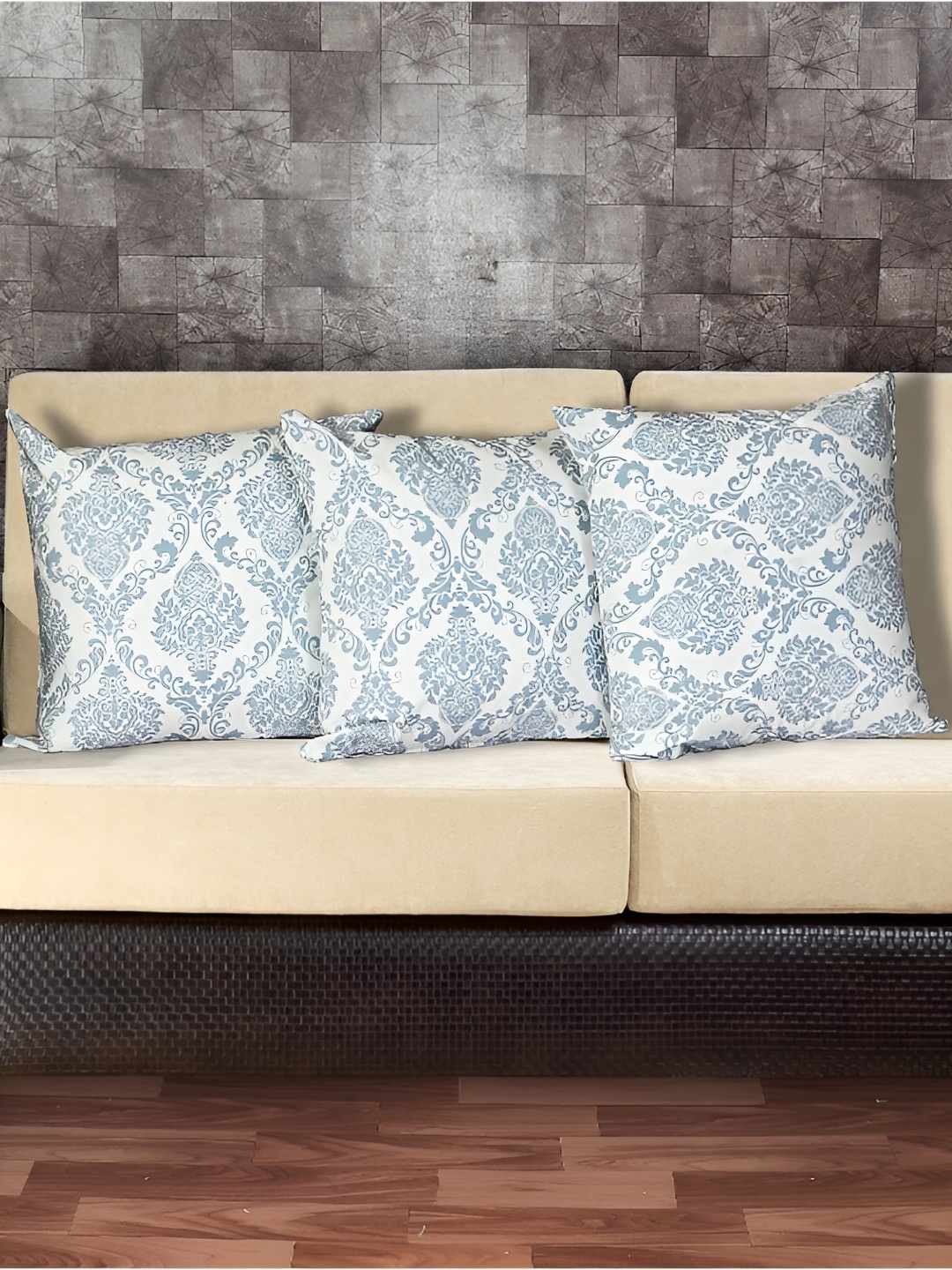 

INDHOME LIFE Blue & Grey Set of 3 Floral Square Cushion Covers