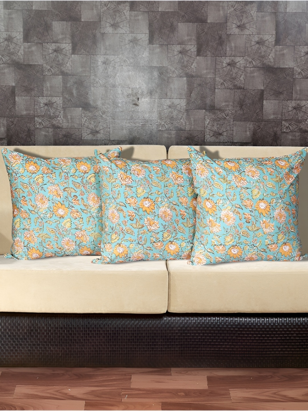 

INDHOME LIFE Navy Blue & Maroon Set of 3 Floral Square Cushion Covers