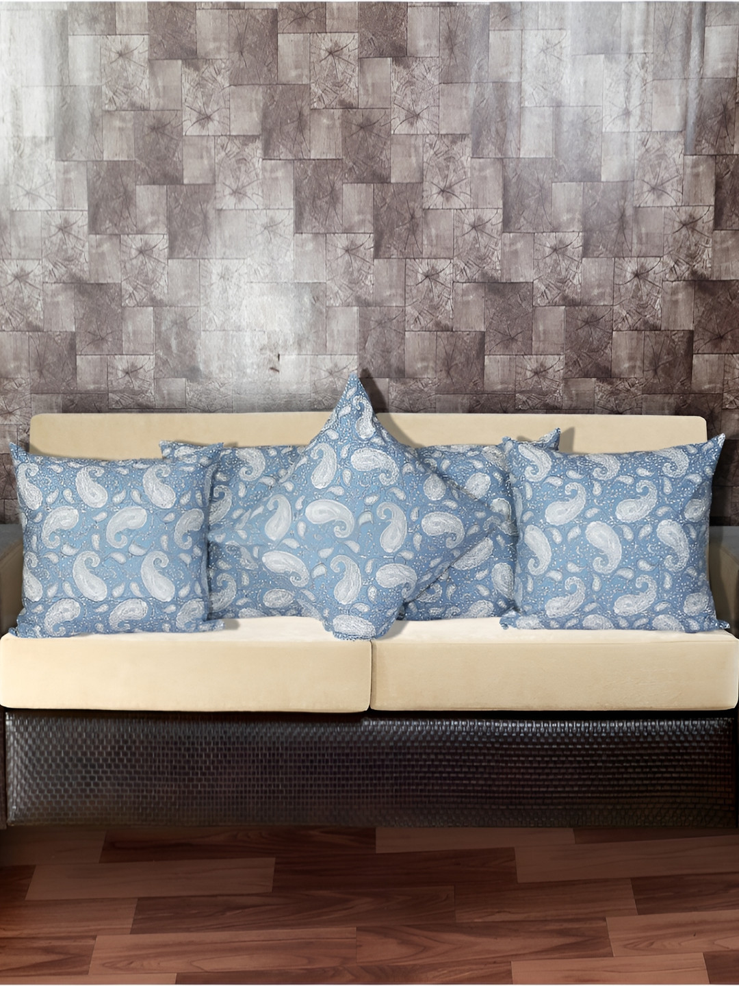 

INDHOME LIFE Turquoise Blue & Grey Set of 5 Abstract Square Cushion Covers