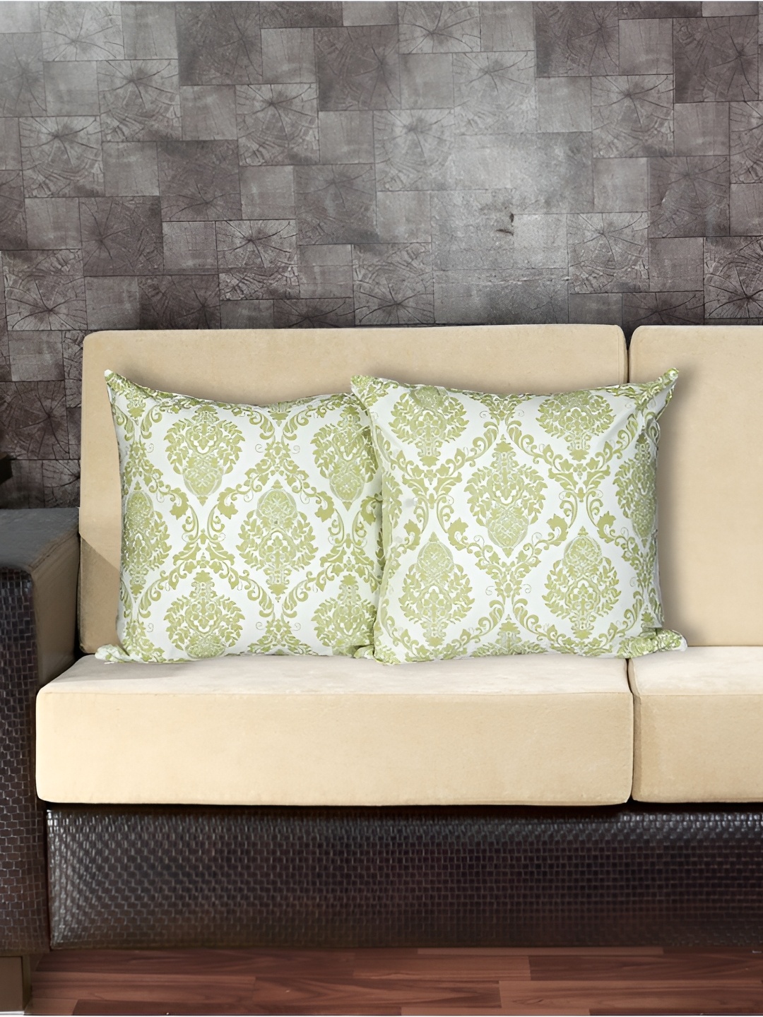 

INDHOME LIFE Green & Grey Set of 2 Floral Square Cushion Covers