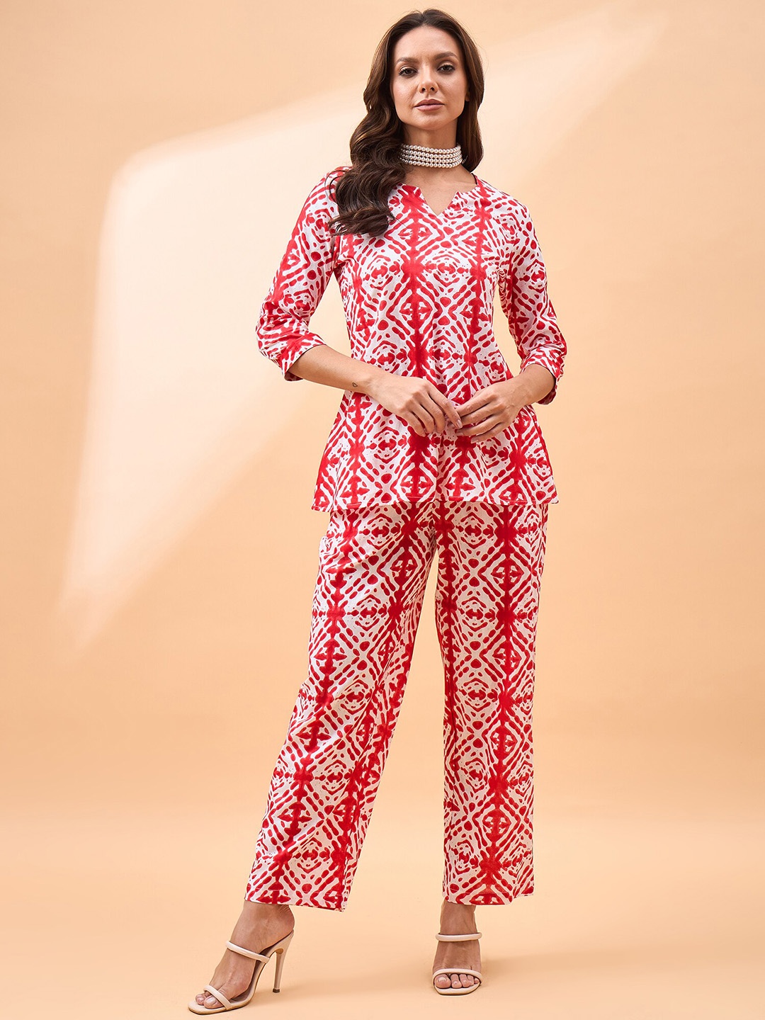 

all about you Printed Pure Cotton Notch-Neck Top With Trousers Co-Ords, Red