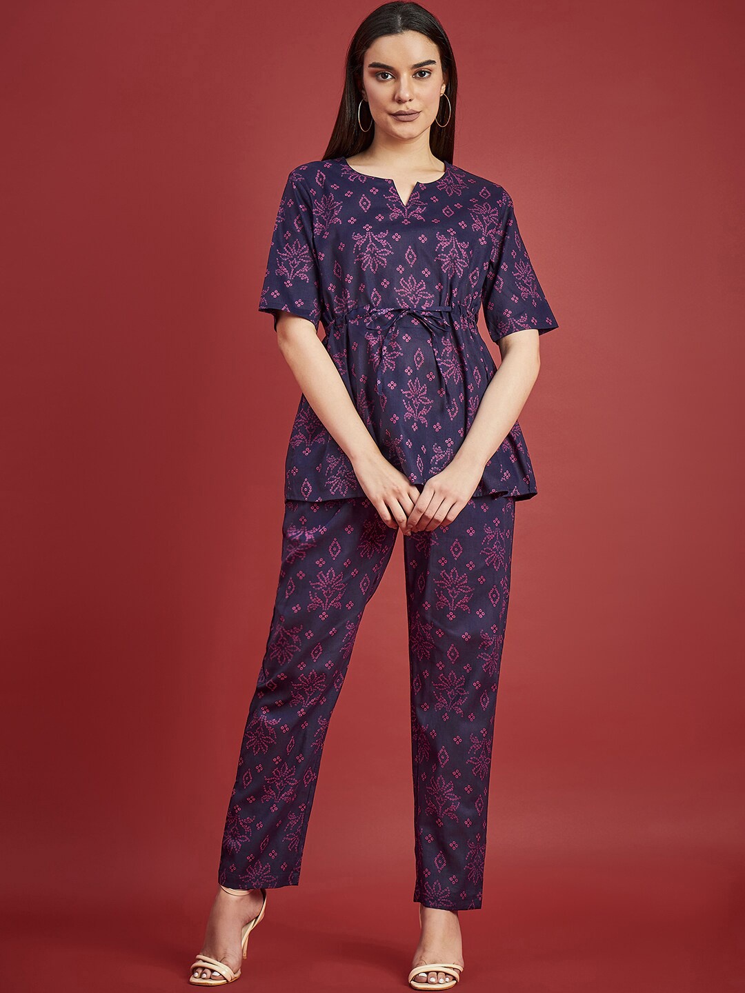 

all about you Printed Cotton Top & Trousers Co-Ord, Navy blue