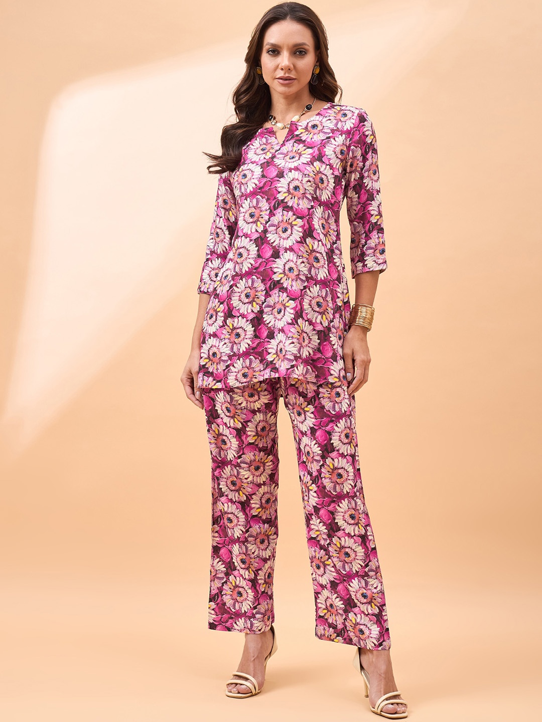 

all about you Printed Round Neck Top & Flared Trouser Co-Ords, Magenta