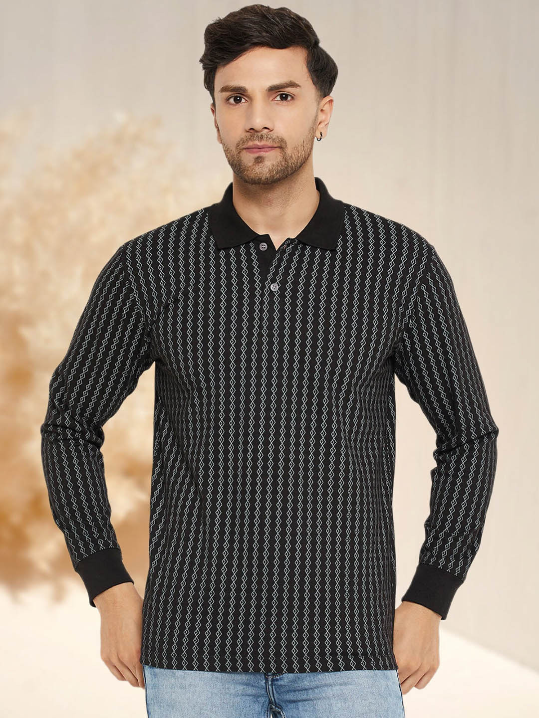 

WILD WEST Men Striped Polo Collar Pockets T-shirt, Black