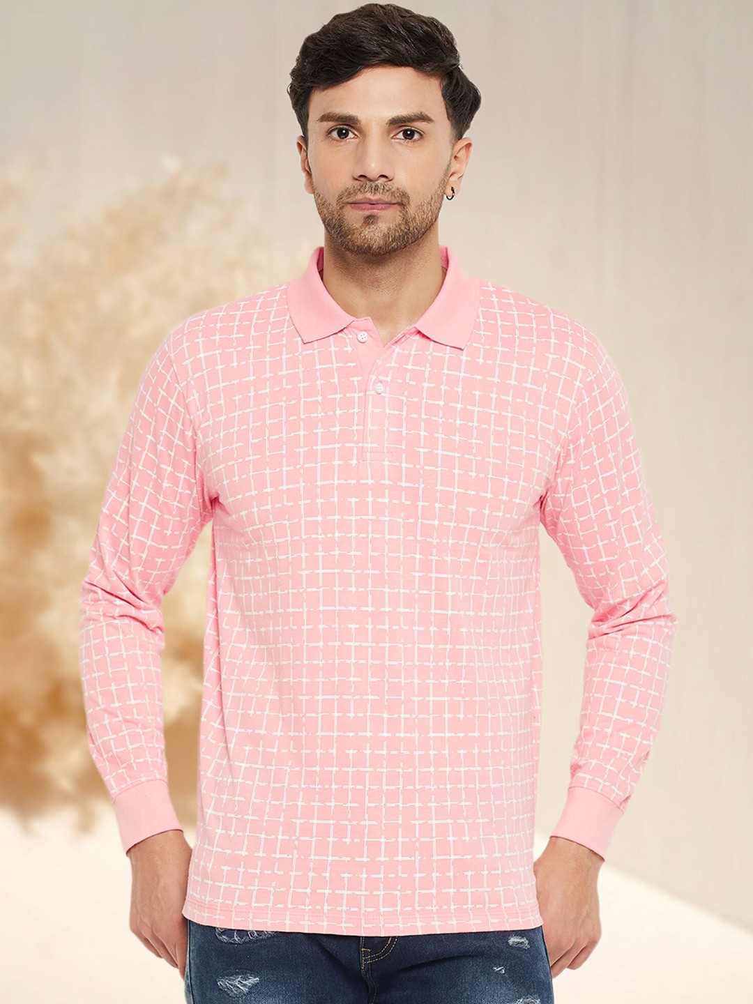 

WILD WEST Men Checked Polo Collar Pockets T-shirt, Pink