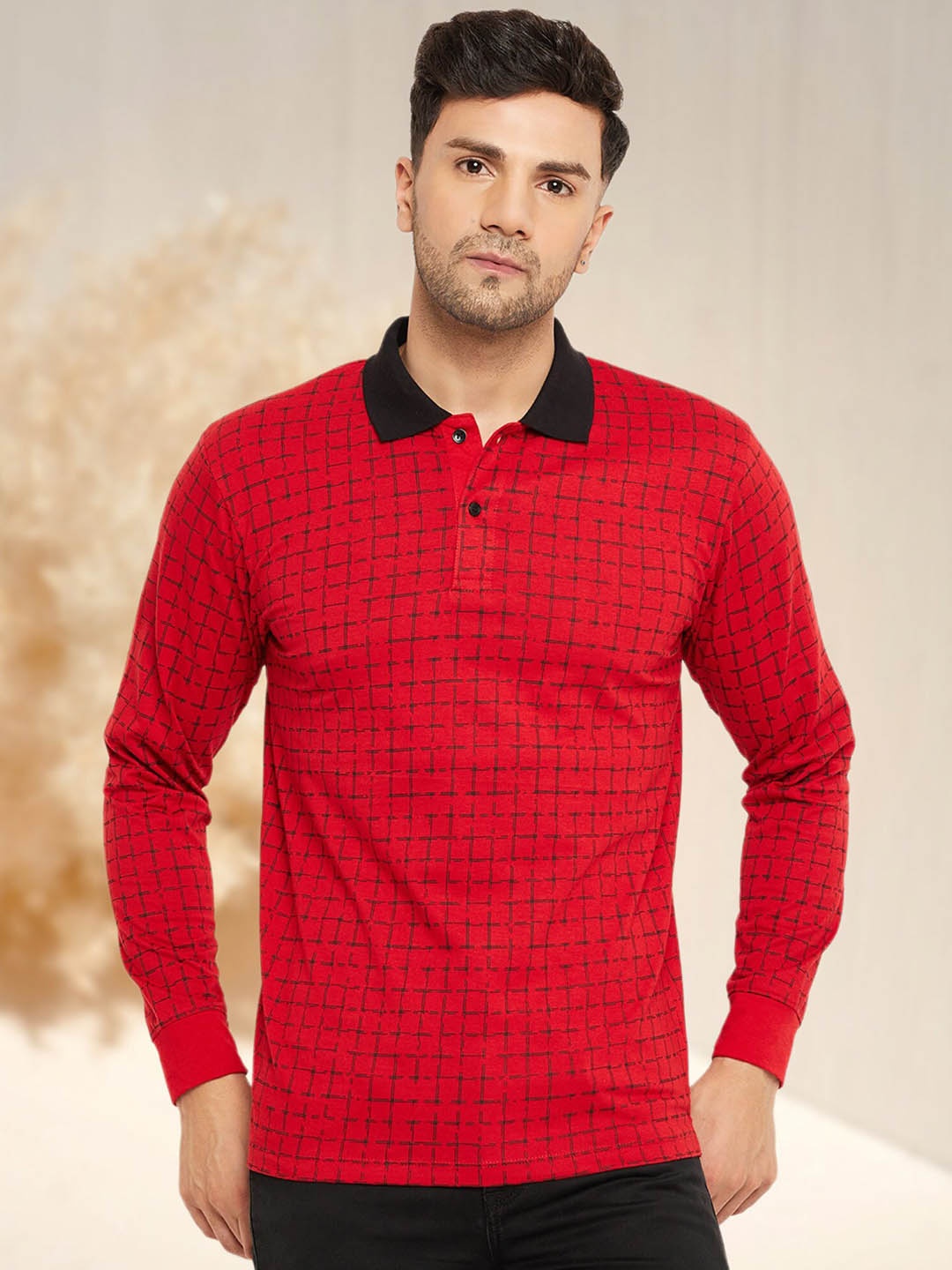 

WILD WEST Men Polo Collar Pockets T-shirt, Red