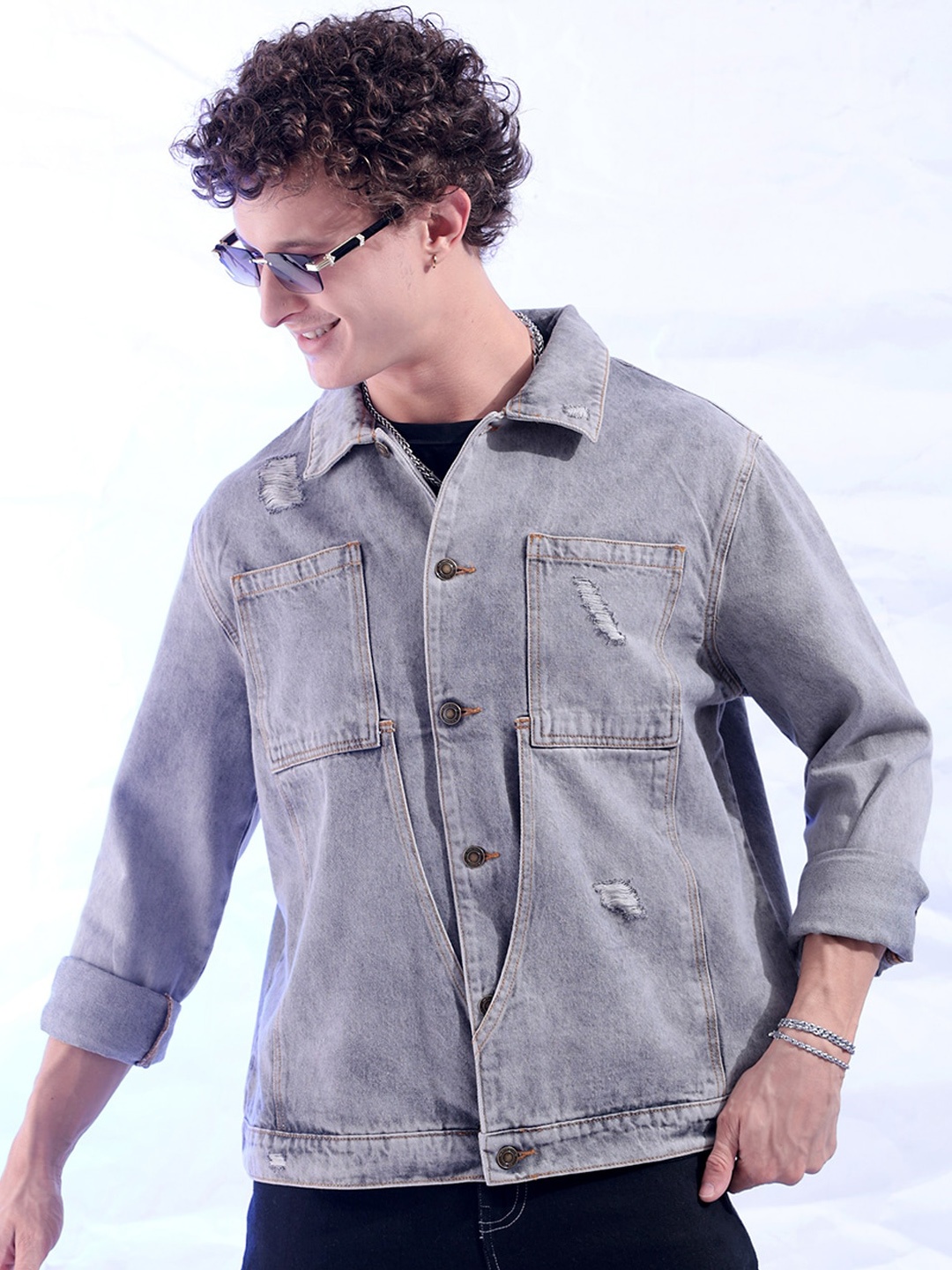 

The Indian Garage Co Men Light-Wash Relaxed Fit Distressed Trucker Jacket, Grey