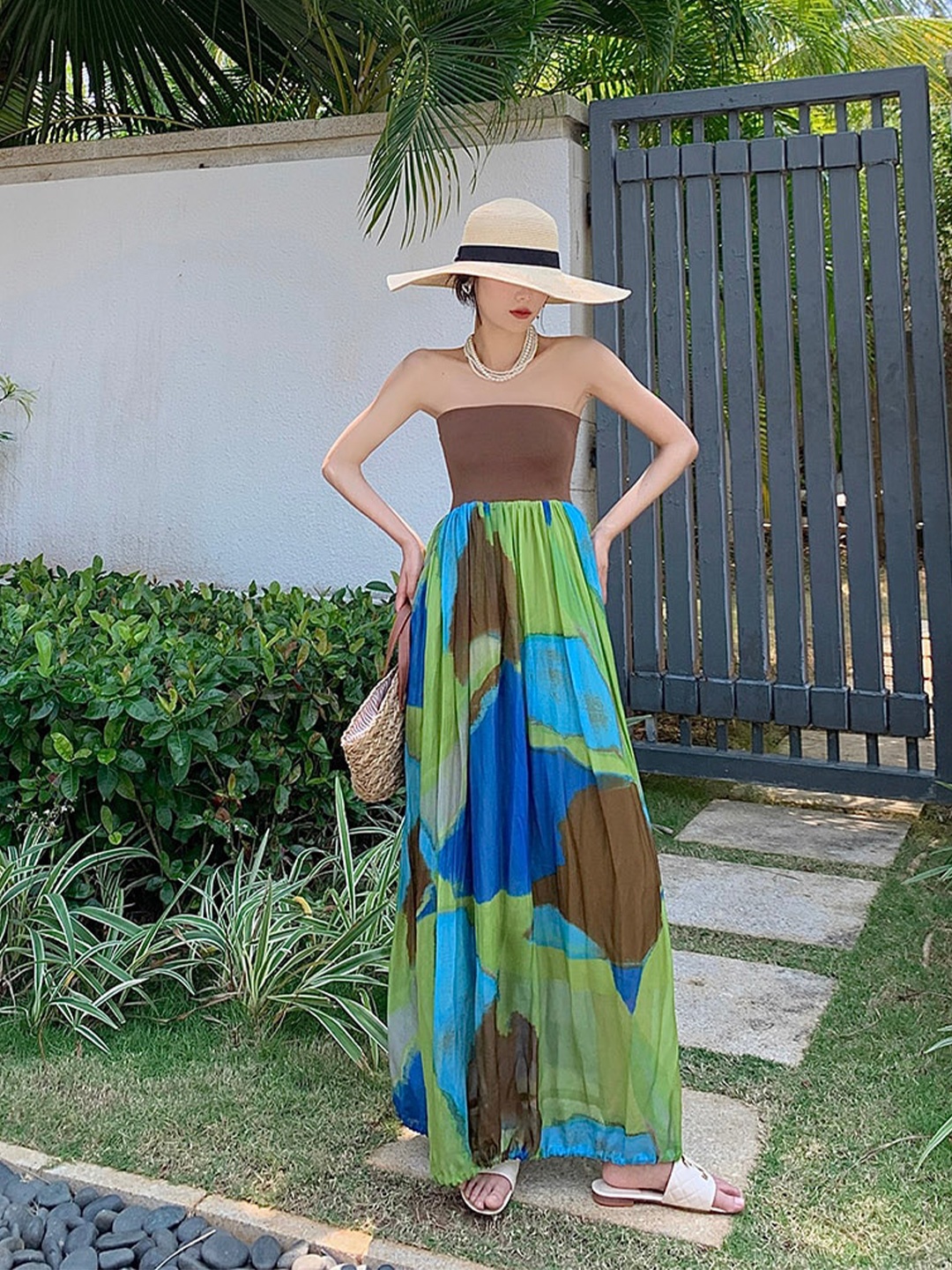 

JC Mode Tropical Striped Maxi Dress, Green