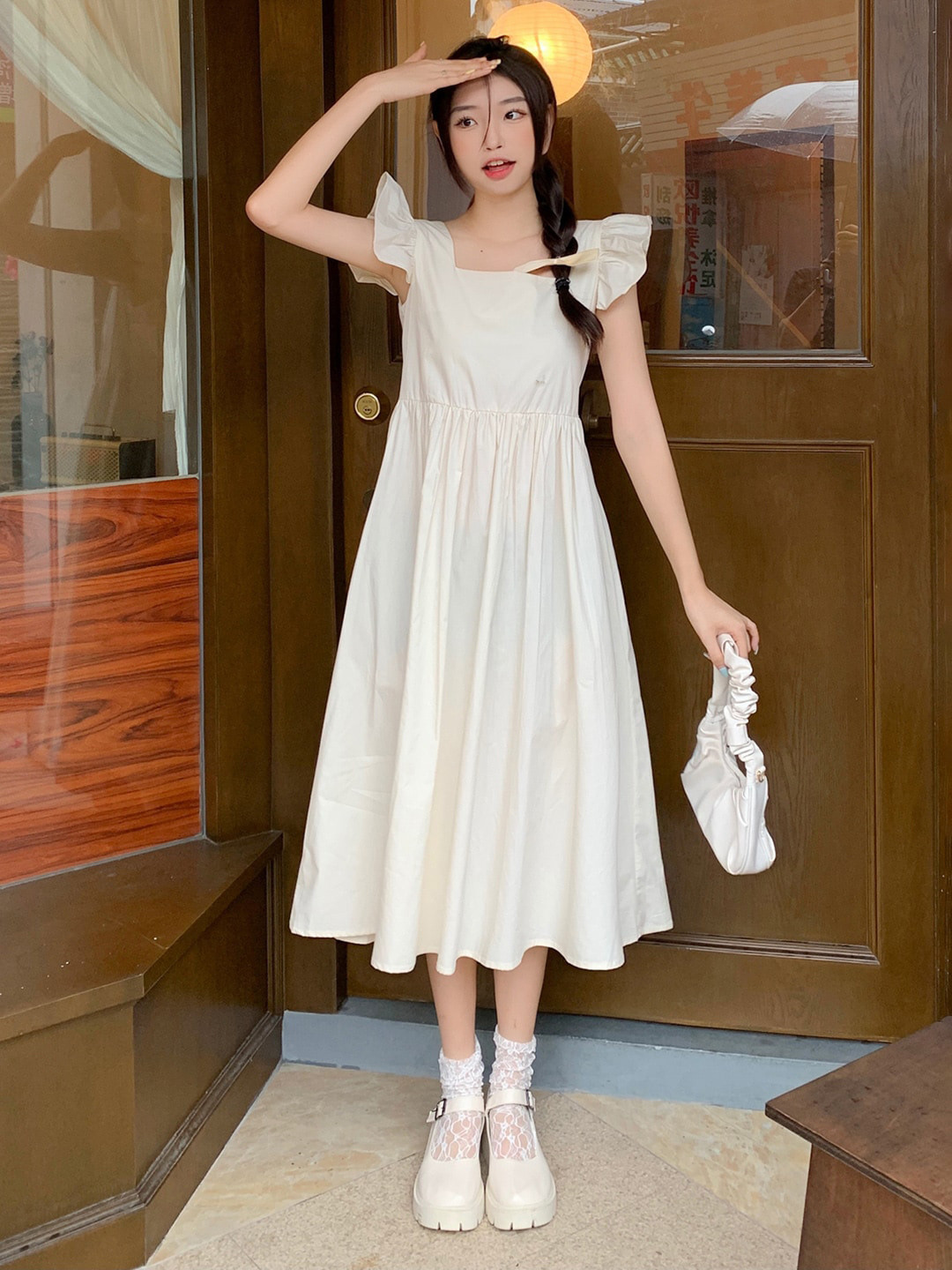 

JC Mode Flutter Sleeve A-Line Midi Dress, Beige