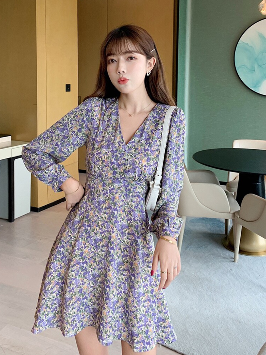 

JC Mode Floral Print Bell Sleeve Dress, Purple