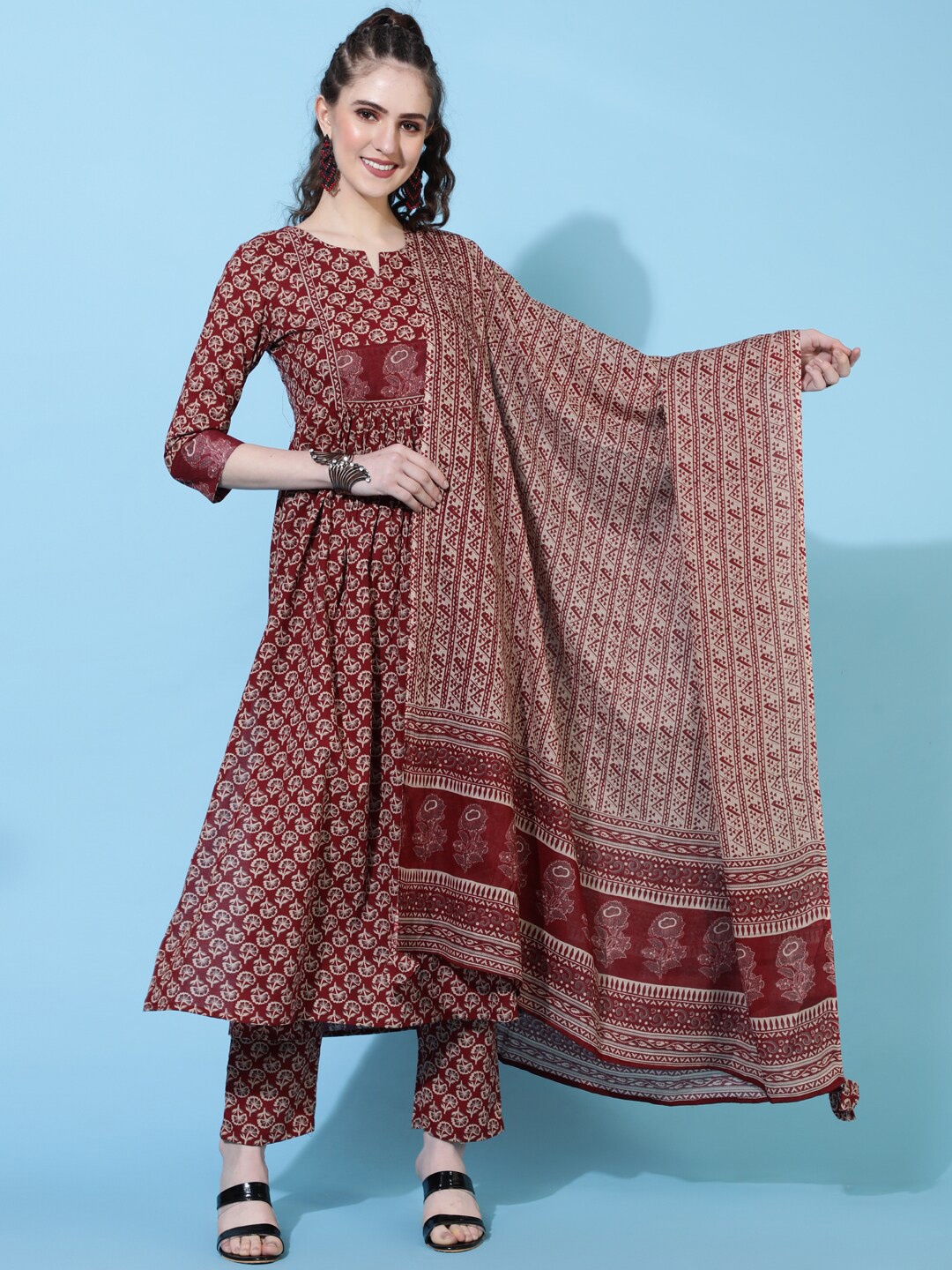 

GULMOHAR JAIPUR Women Ethnic Motifs Printed Regular Pure Cotton Kurta, Maroon