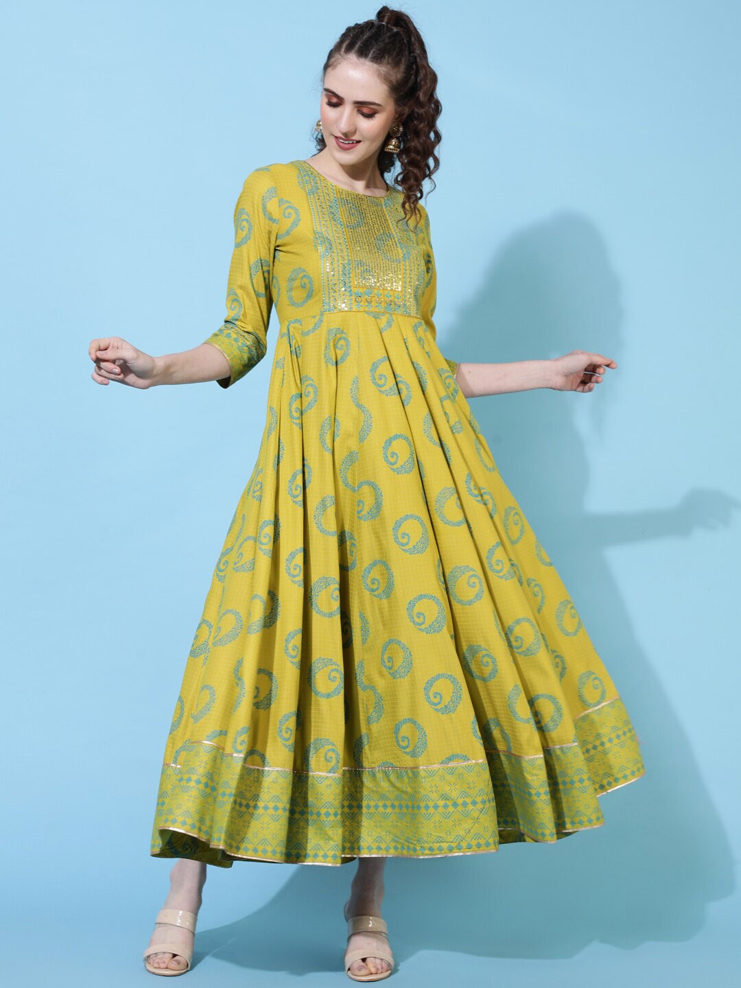 

GULMOHAR JAIPUR Women Paisley Keyhole Neck Mirror Work Anarkali Kurta, Mustard