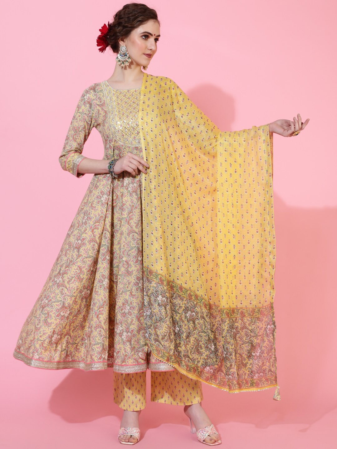 

GULMOHAR JAIPUR Women Ethnic Motifs Embroidered Regular Sequinned Pure Cotton Kurta with Palazzos & With, Yellow