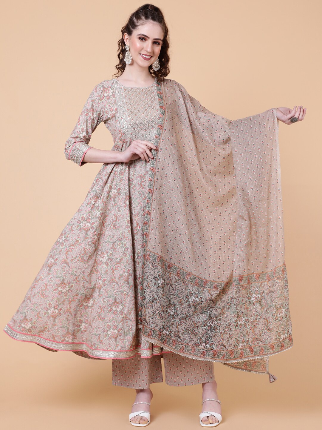 

GULMOHAR JAIPUR Women Ethnic Motifs Printed Regular Sequinned Pure Cotton Kurta with Palazzos & With Dupatta, Grey