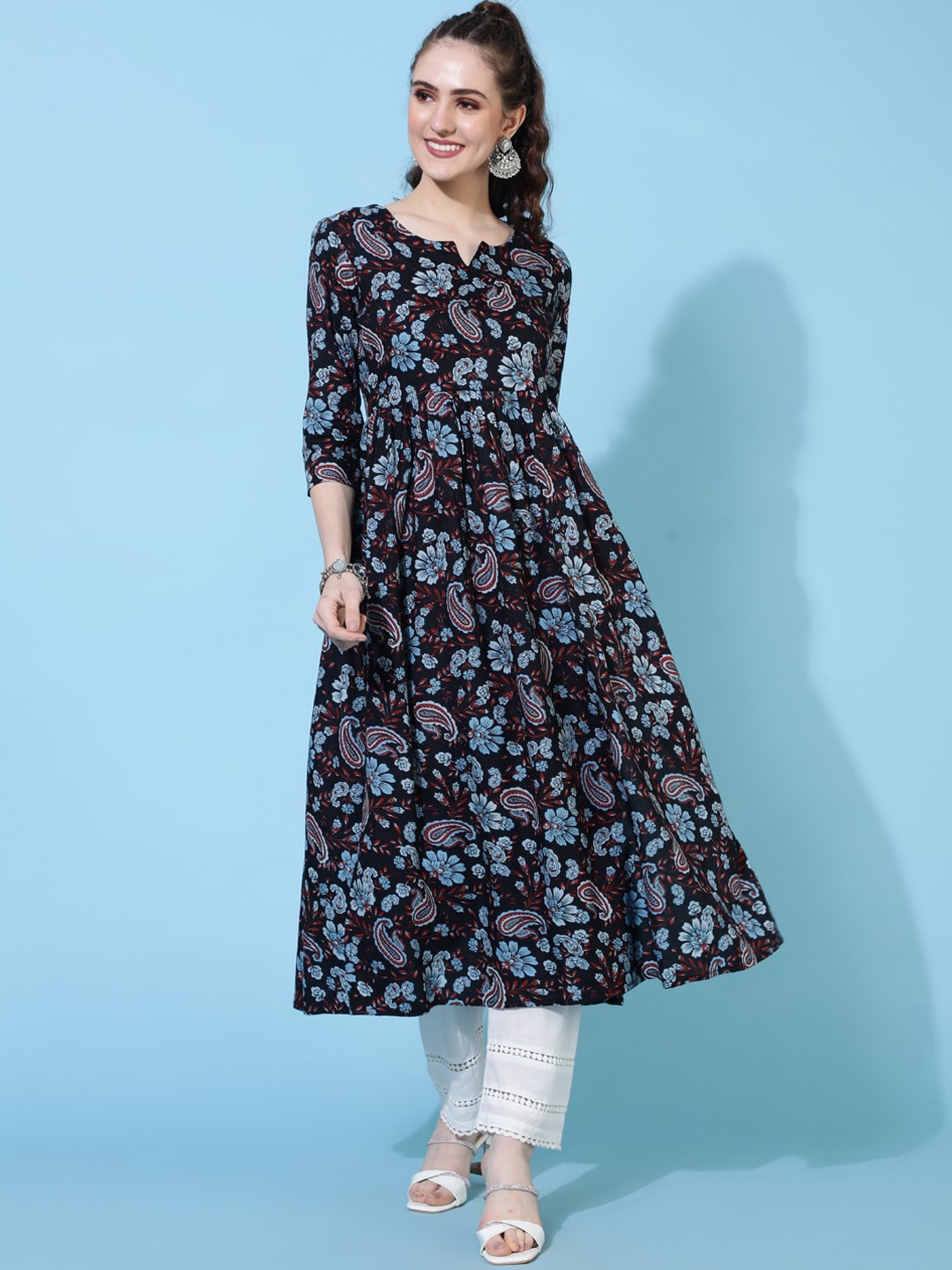 

GULMOHAR JAIPUR Women Checked Flared Sleeves Mirror Work Anarkali Kurta, Black
