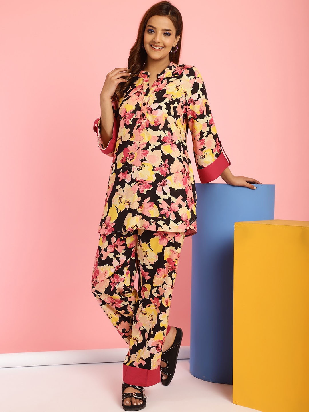 Secret Wish Floral Printed Band Collar Top With Trousers Co-Ords, Peach