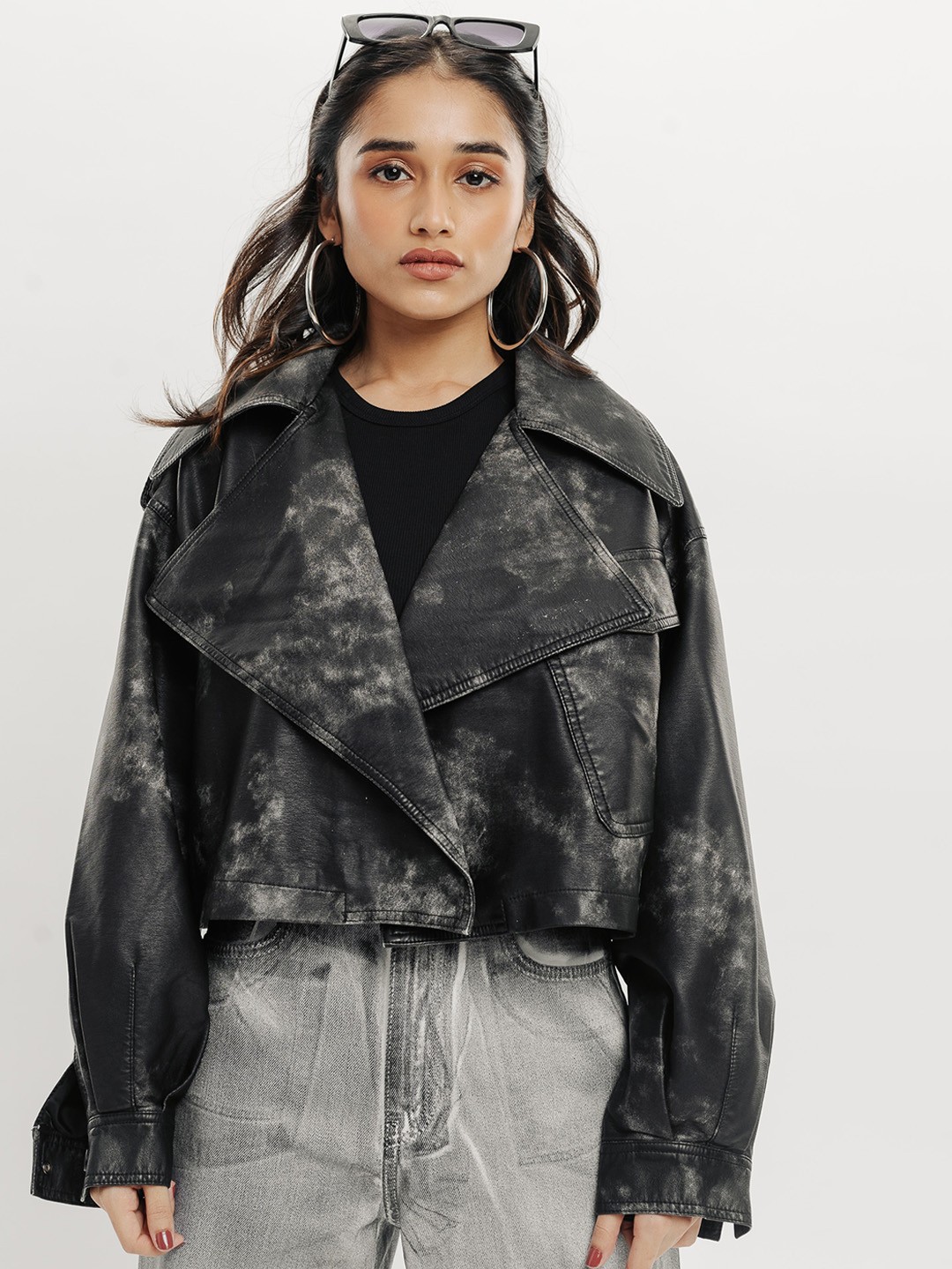 

FREAKINS Women Leather Crop Tailored Jacket, Charcoal