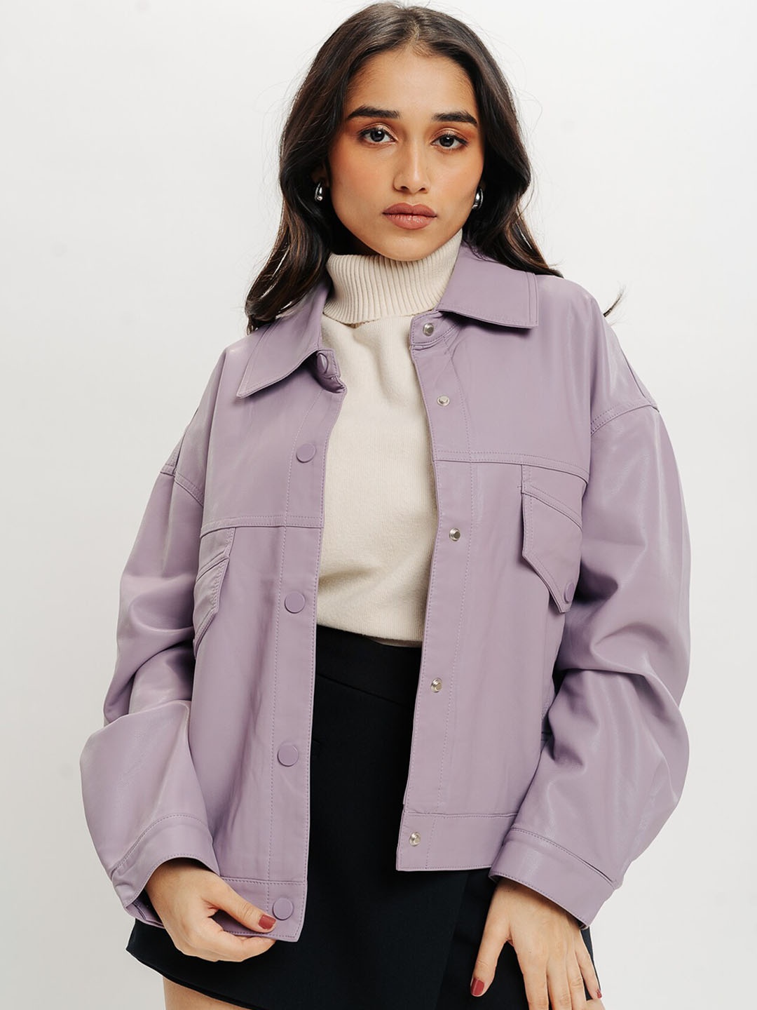 

FREAKINS Spread Collar Long Sleeves Leather Crop Bomber Jacket, Lavender