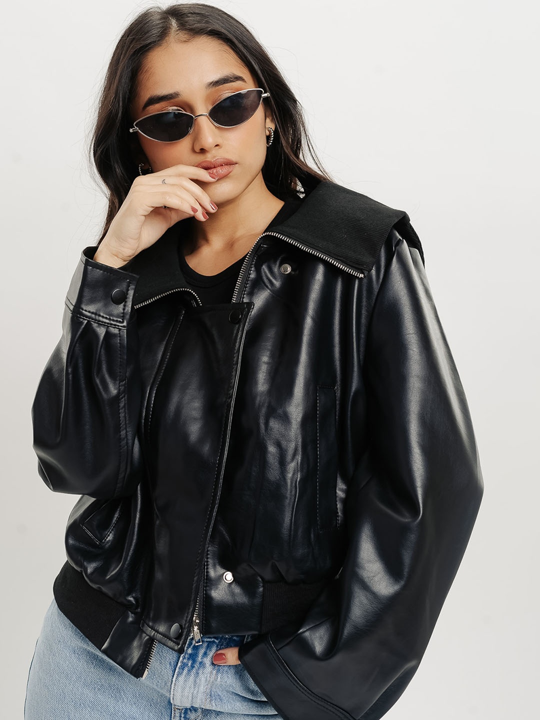 

FREAKINS Women Leather Crop Biker Jacket, Black