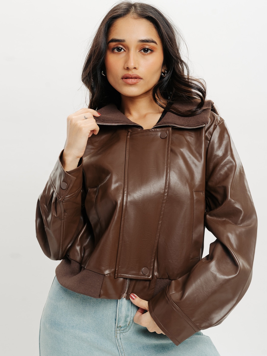 

FREAKINS Spread Collar Long Sleeves Leather Crop Jacket, Brown