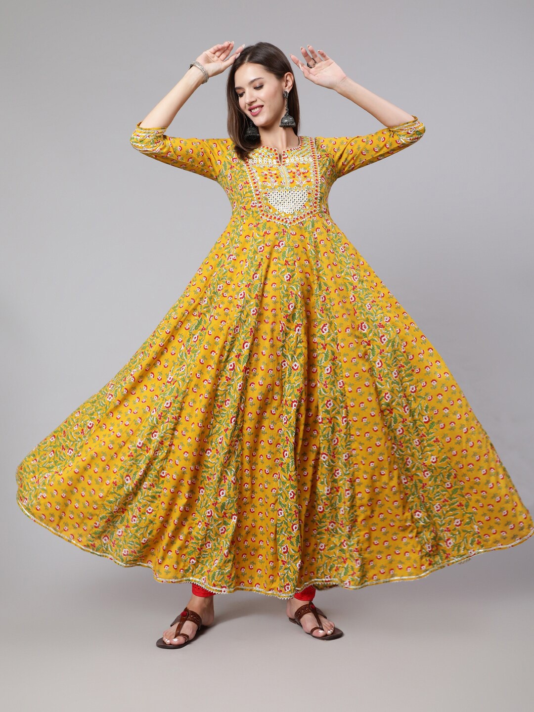 

GULMOHAR JAIPUR Women Floral Printed Flared Sleeves Anarkali Kurta, Mustard