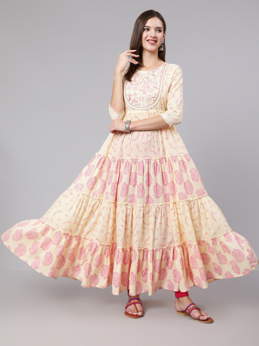 

GULMOHAR JAIPUR Women Yoke Design Flared Sleeves Sequinned Anarkali Kurta, Yellow