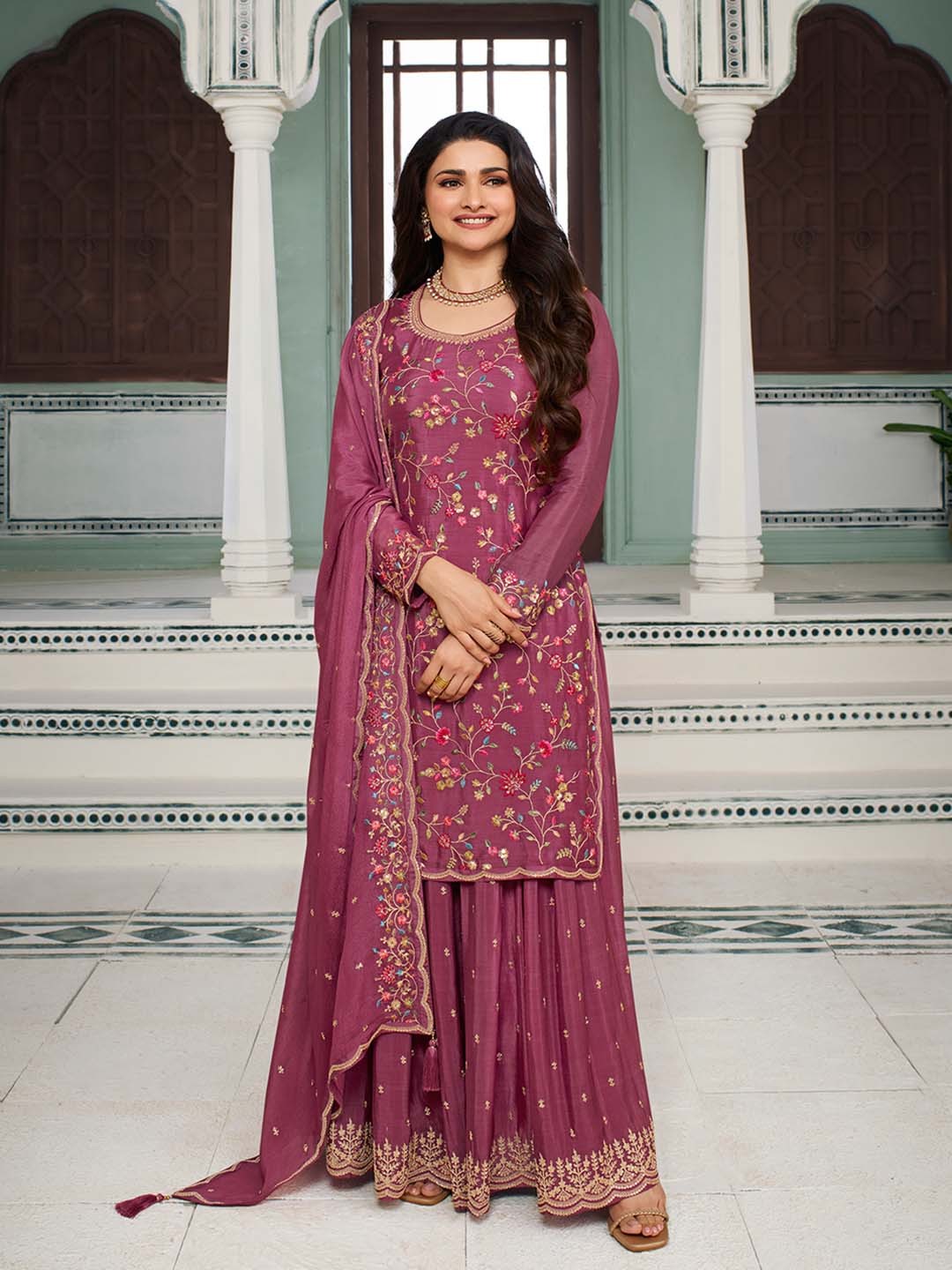 

Seerat Women Ethnic Motifs Embroidered Regular Thread Work Silk Chiffon Kurti with Sharara & With Dupatta, Pink