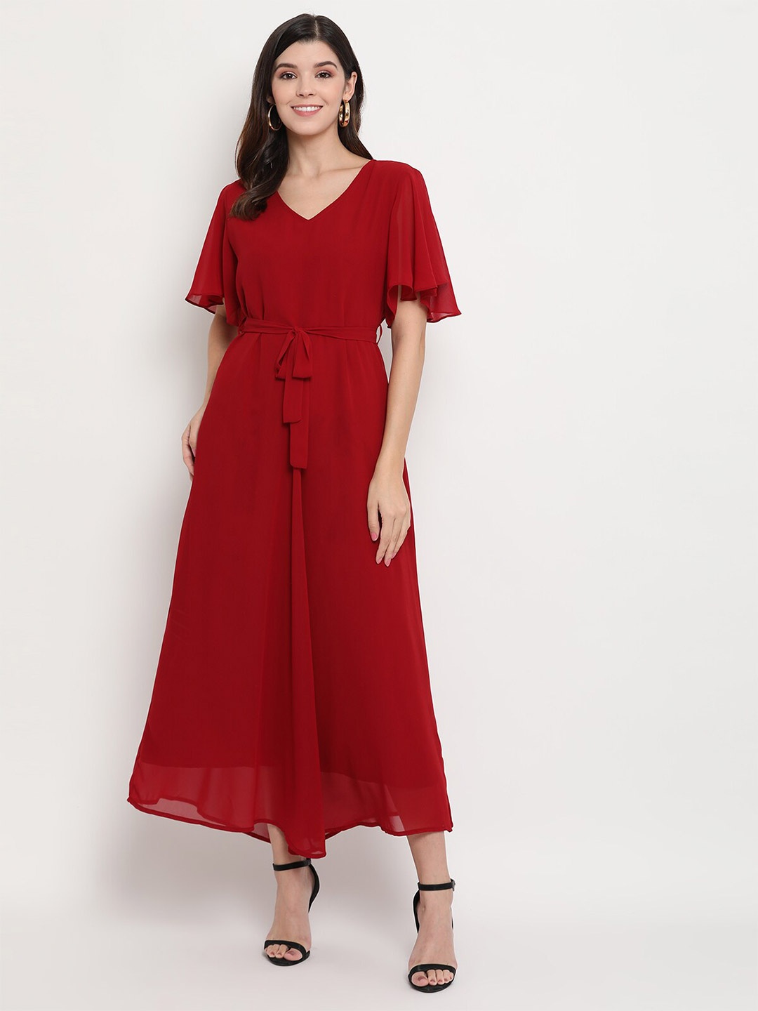 

THREAD MUSTER Flared Sleeve Georgette Maxi Dress, Maroon