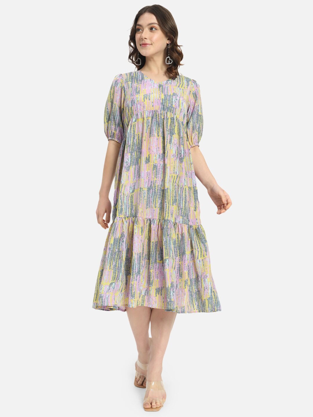 

ALL WAYS YOU Floral Print Puff Sleeve Crepe A-Line Midi Dress, Multi