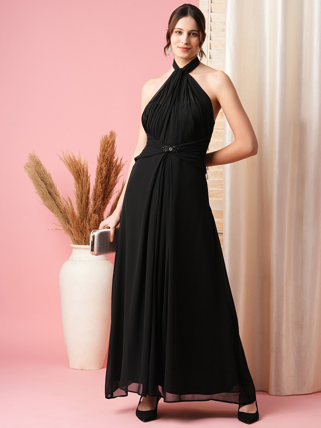 

MISH X Halter Neck Georgette Maxi Dress, Black