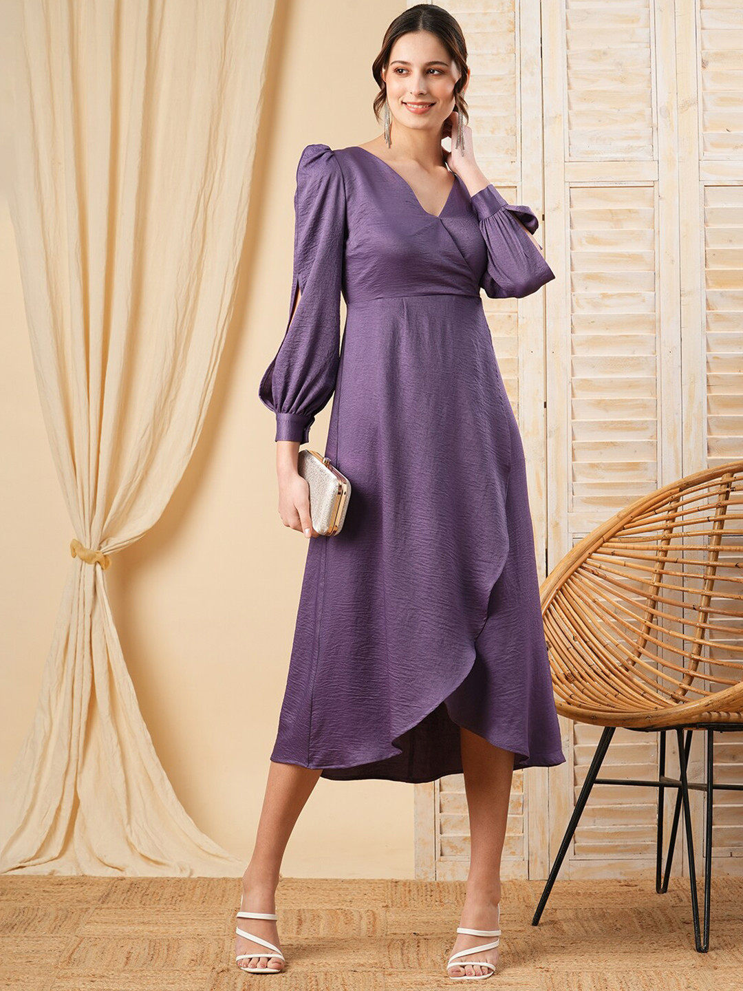 

MISH X Puff Sleeve Satin Midi Dress, Purple