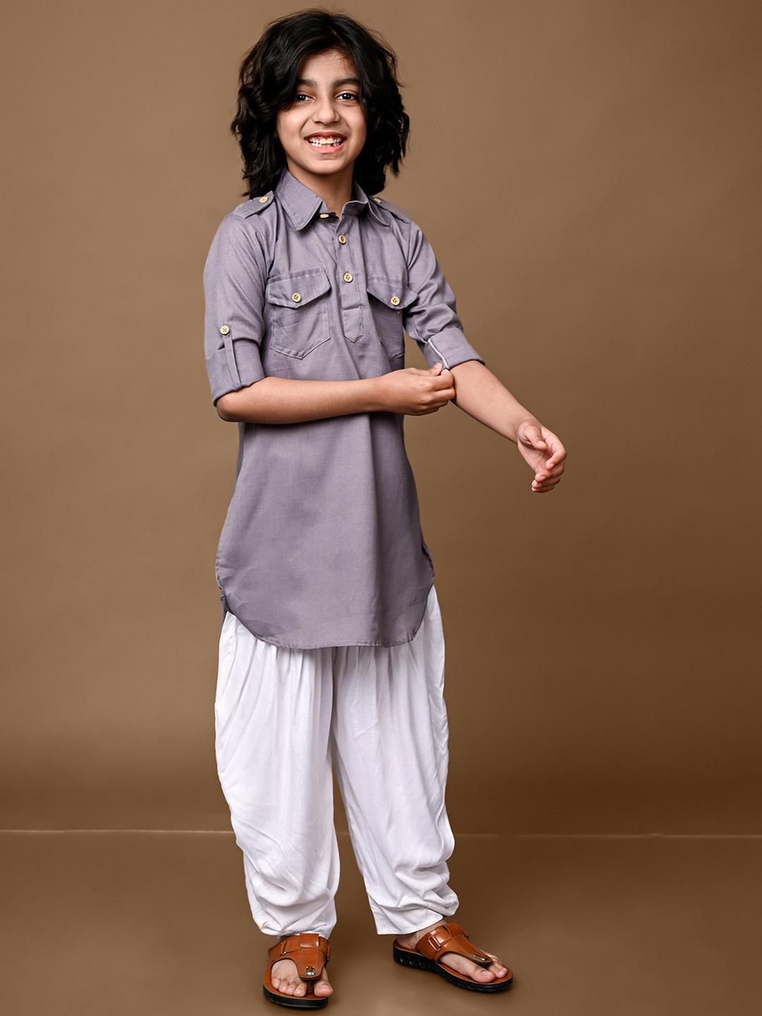 VESHAM Boys Mirror Work Kurta, Grey