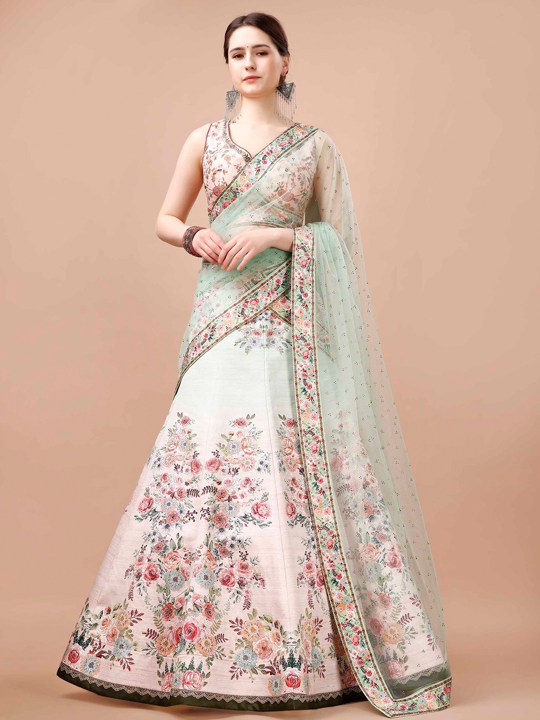 

SAPTRANGI Printed Semi-Stitched Lehenga & Blouse With Dupatta, Sea green