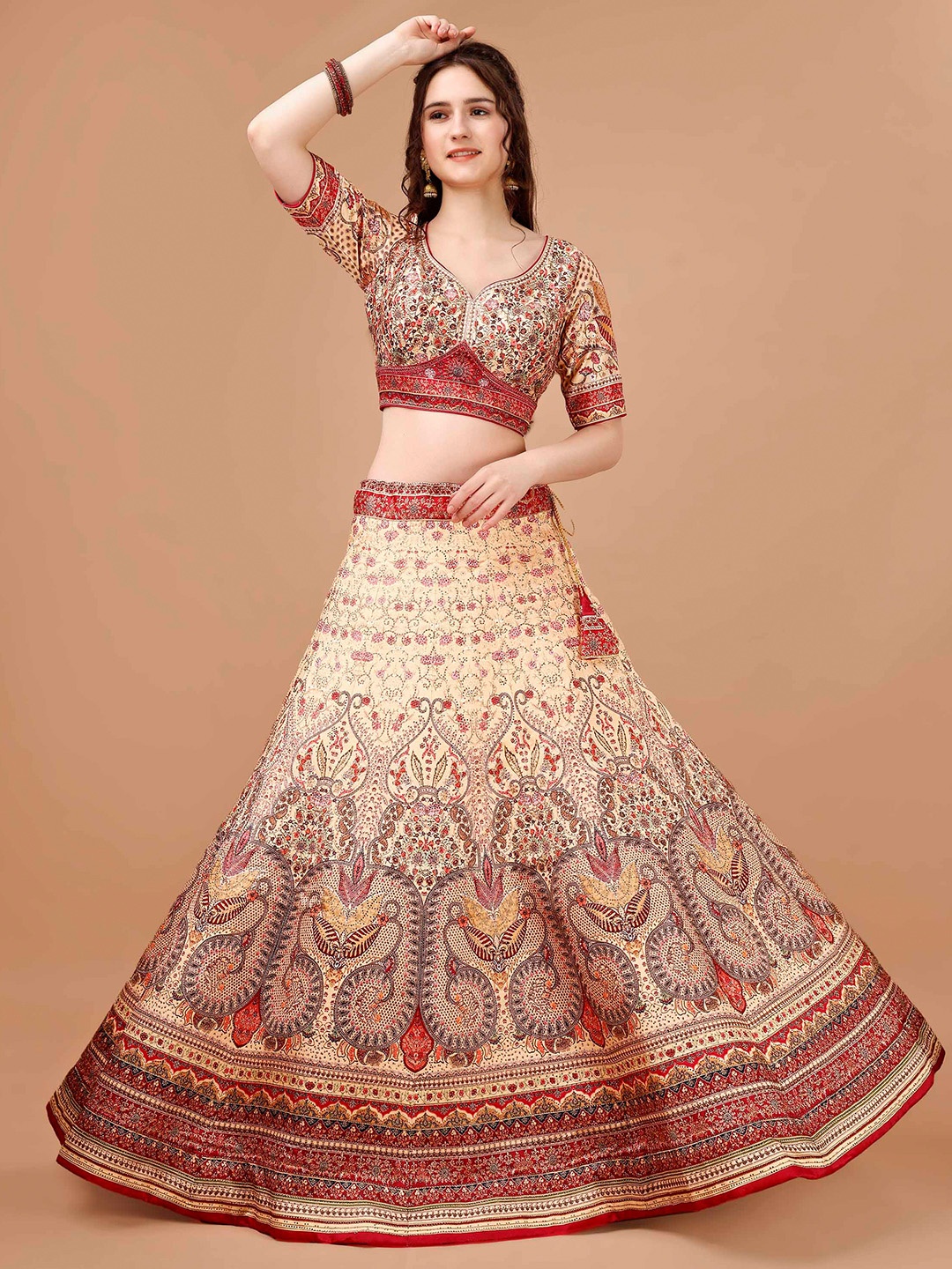 

SAPTRANGI Printed Semi-Stitched Lehenga & Blouse With Dupatta, Cream