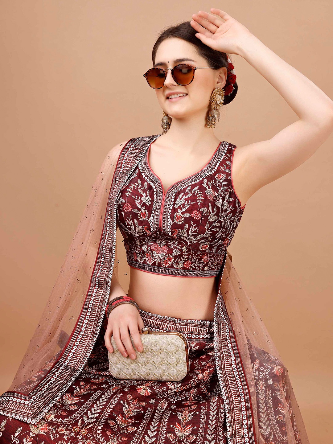 

SAPTRANGI Embroidered Semi-Stitched Lehenga & Blouse With Dupatta, Maroon