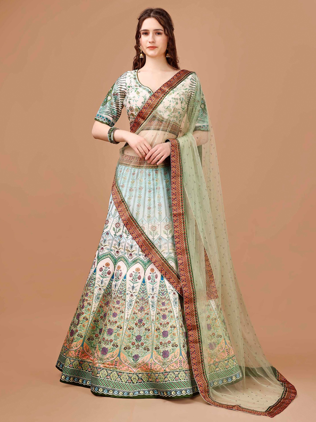 

SAPTRANGI Printed Semi-Stitched Lehenga & Blouse With Dupatta, Sea green