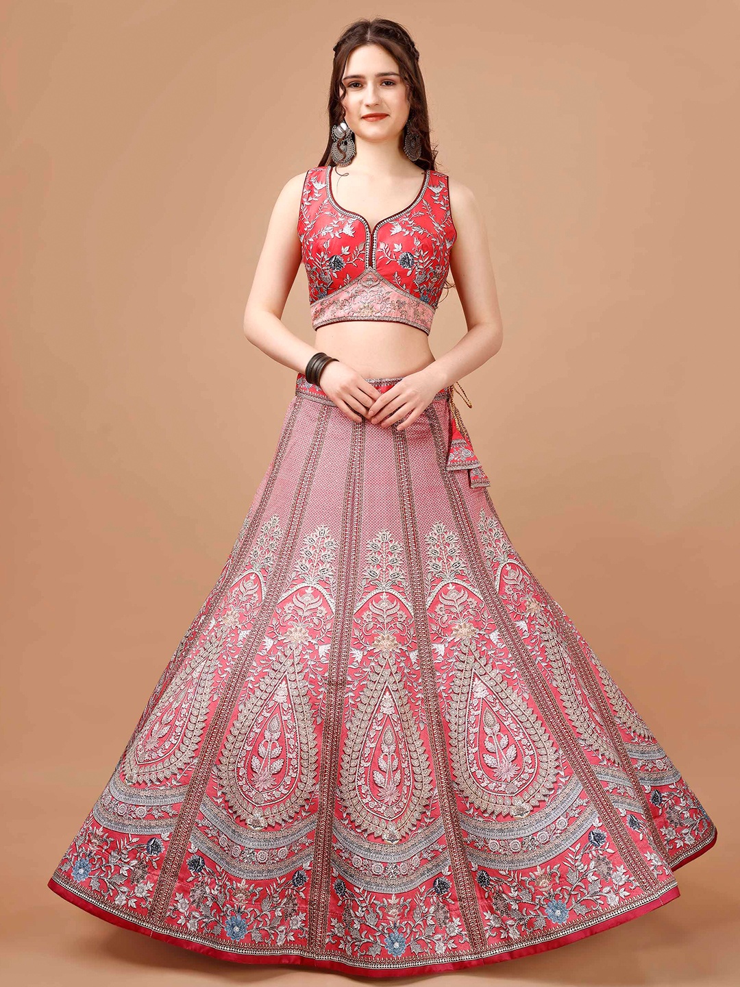

SAPTRANGI Printed Semi-Stitched Lehenga & Blouse With Dupatta, Pink