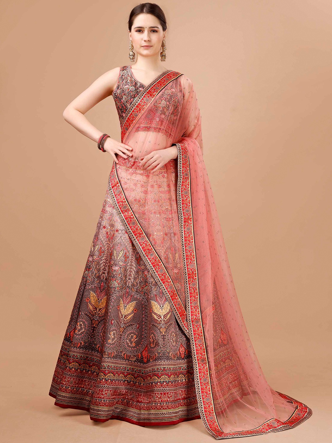 

SAPTRANGI Embroidered Semi-Stitched Lehenga & Blouse With Dupatta, Brown