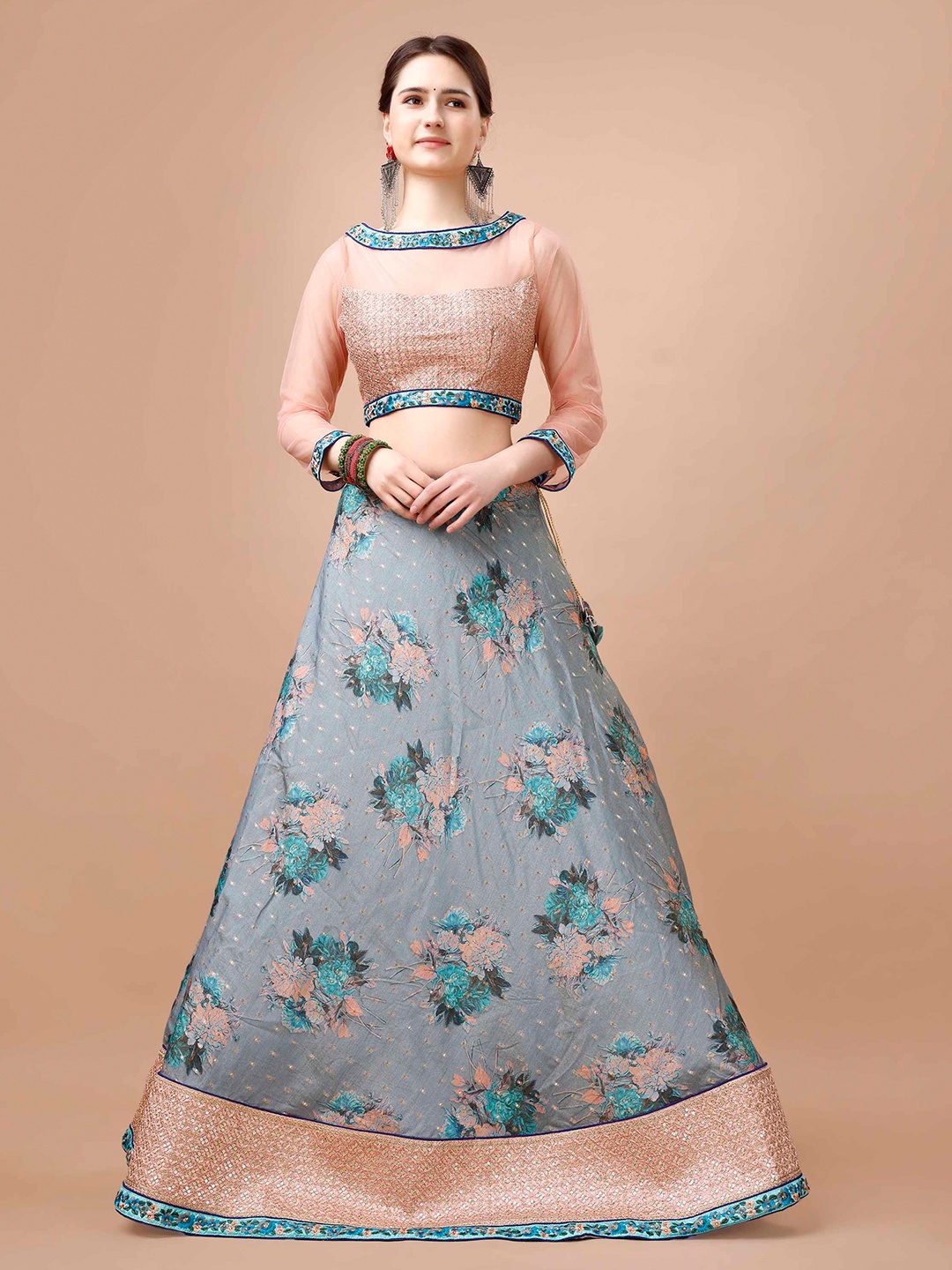 

SAPTRANGI Embroidered Semi-Stitched Lehenga & Blouse With Dupatta, Grey