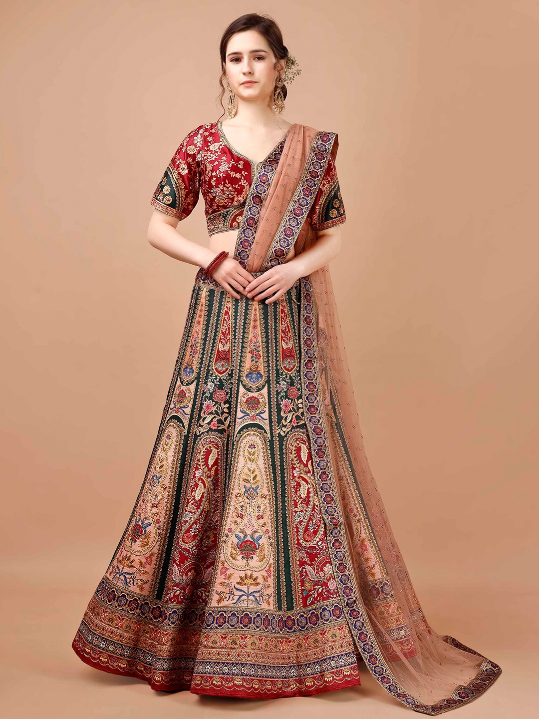 

SAPTRANGI Printed Semi-Stitched Lehenga & Blouse With Dupatta, Red