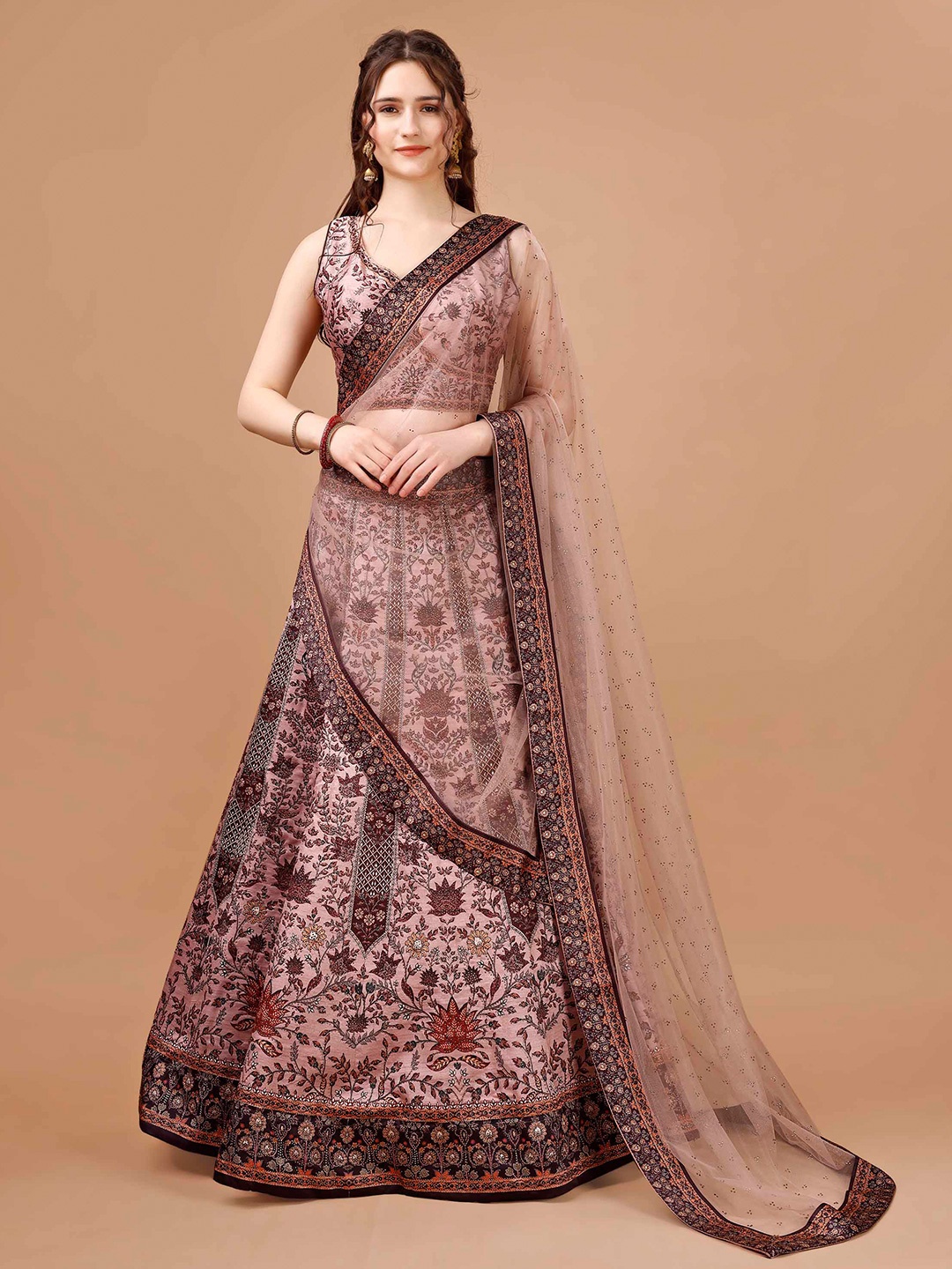 

SAPTRANGI Embroidered Thread Work Semi-Stitched Lehenga & Blouse With Dupatta, Peach