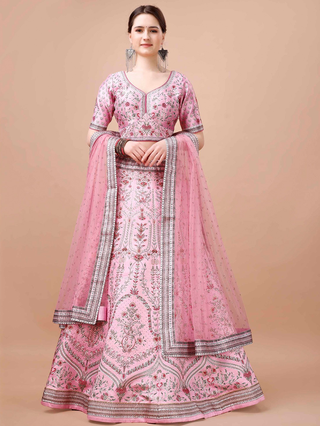 

SAPTRANGI Embroidered Semi-Stitched Lehenga & Blouse With Dupatta, Pink