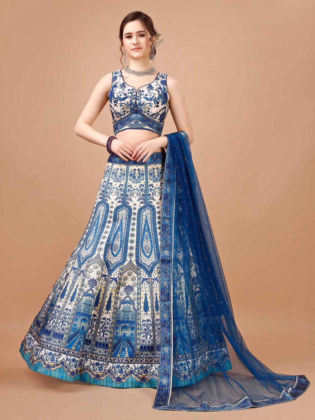 

SAPTRANGI Printed Semi-Stitched Lehenga & Blouse With Dupatta, Blue