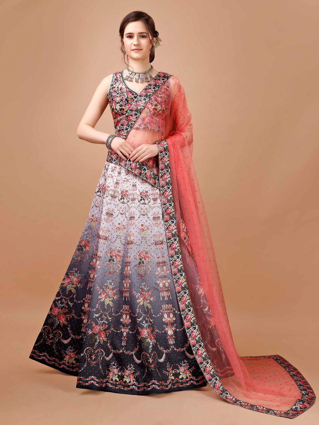 

SAPTRANGI Printed Semi-Stitched Lehenga & Blouse With Dupatta, Grey